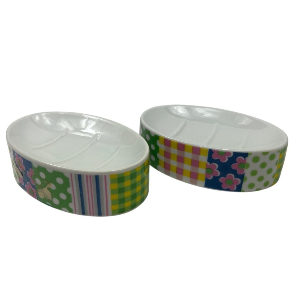 Set Of 2 Oval Ceramic Soap Dishes With Colorful Plaid & Floral Pattern C148